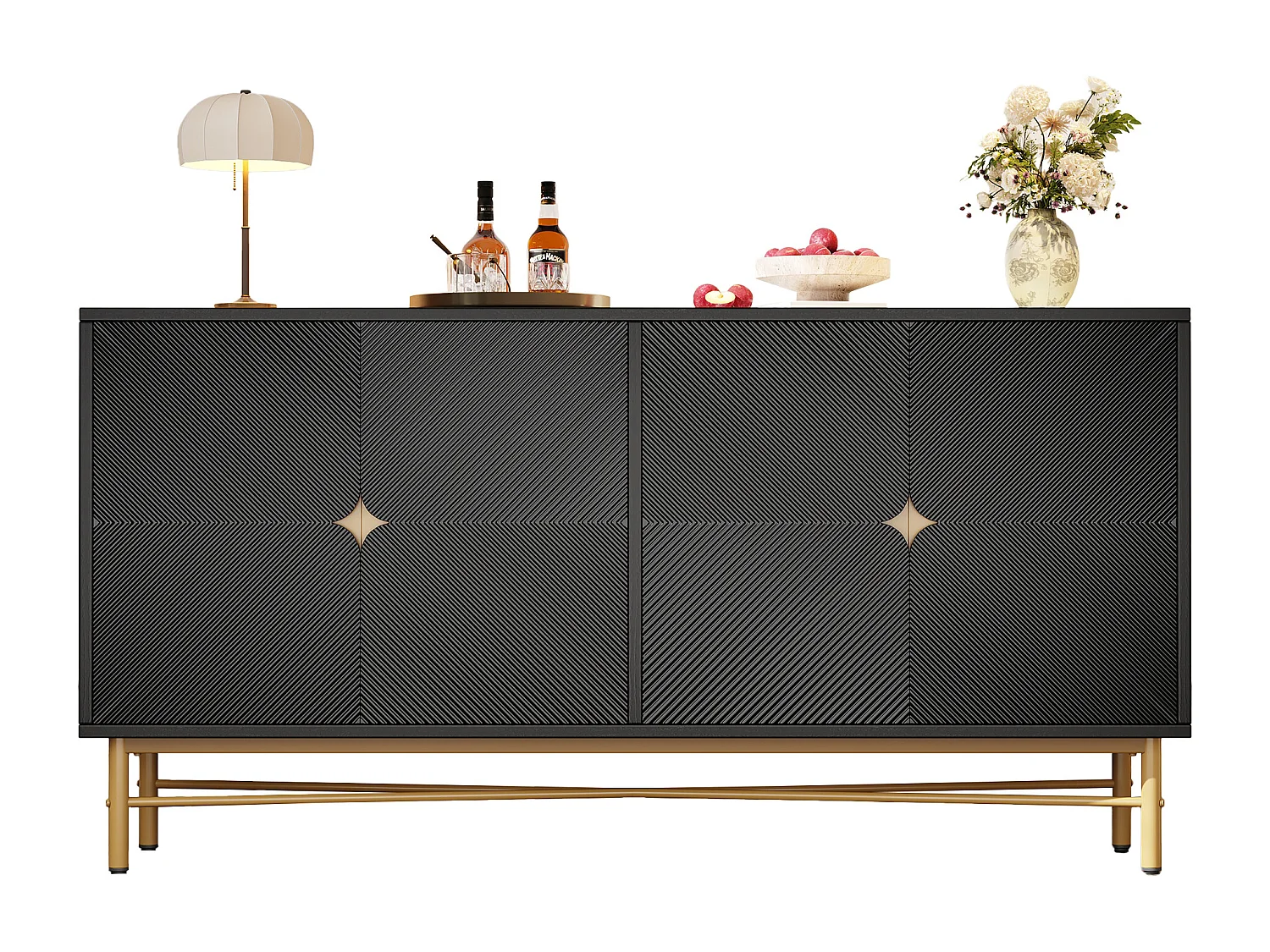 Credenza con texture in rilievo, 4 ante, maniglie dorate e gambe laccate, nero (160x40x82 cm)