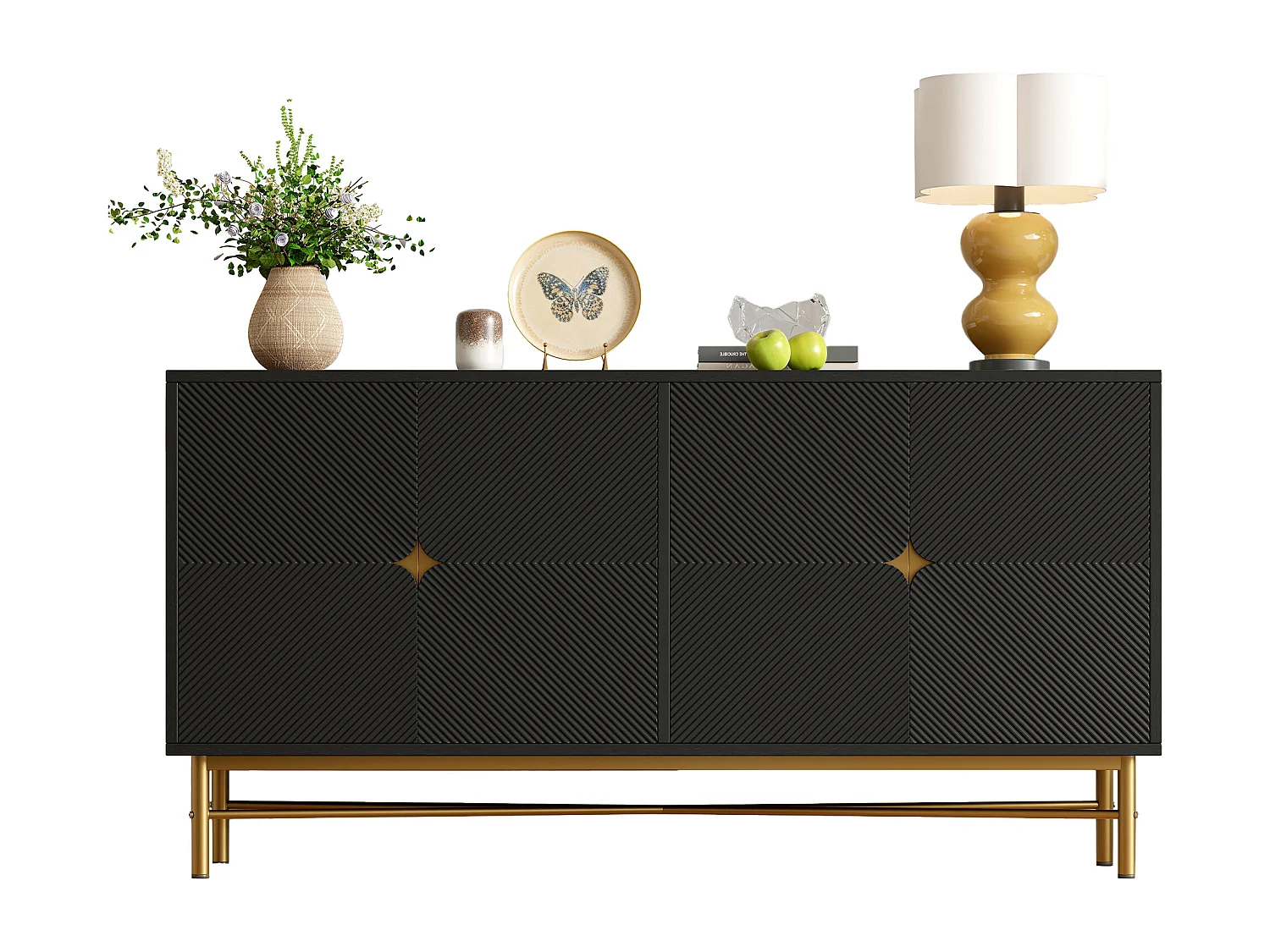 Credenza con texture in rilievo, 4 ante, maniglie dorate e gambe laccate, nero (160x40x82 cm)