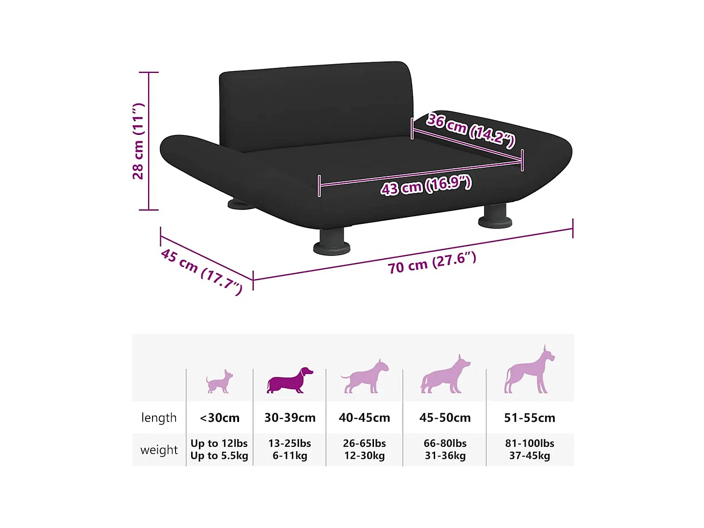 Lit pour chien noir 70x45x28 cm tissu