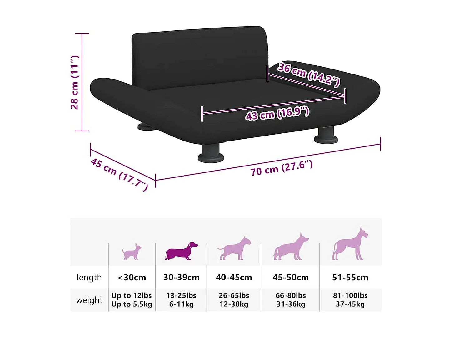 Lit pour chien noir 70x45x28 cm tissu