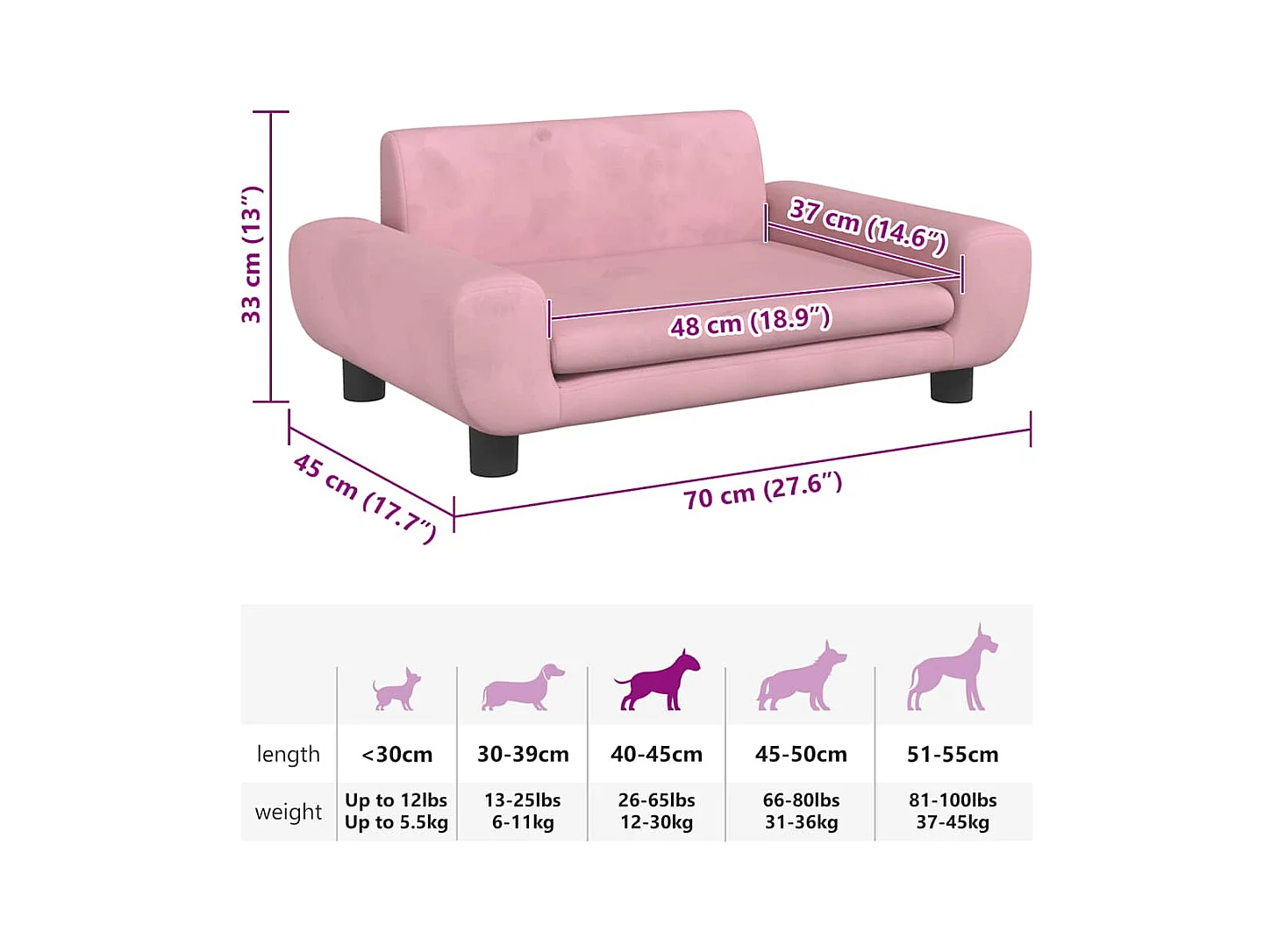 Cuccia rosa per cani 70x45x33 cm in velluto