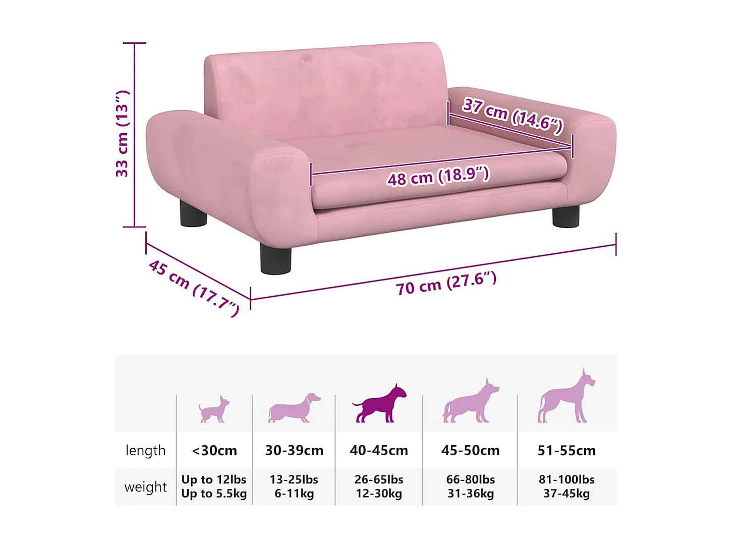 Cuccia rosa per cani 70x45x33 cm in velluto