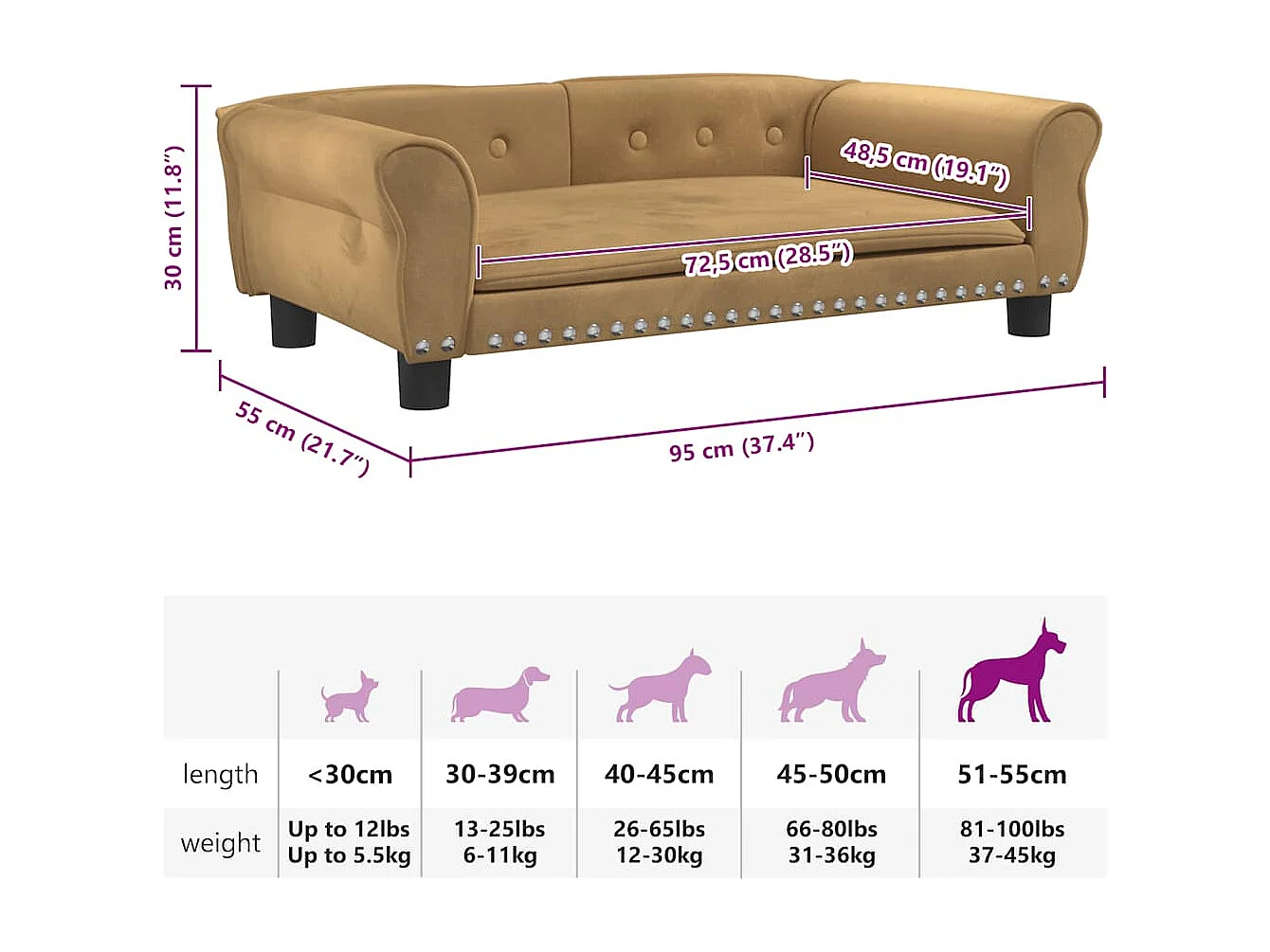 Lit pour chien marron 95x55x30 cm velours