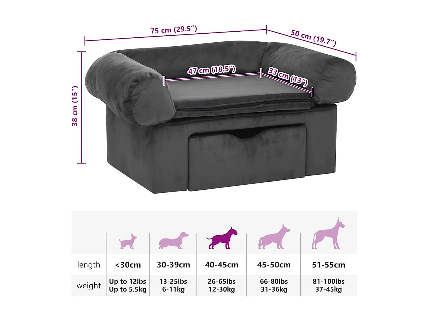 Canapé pour chien avec tiroir Gris foncé 75x50x38 cm Peluche