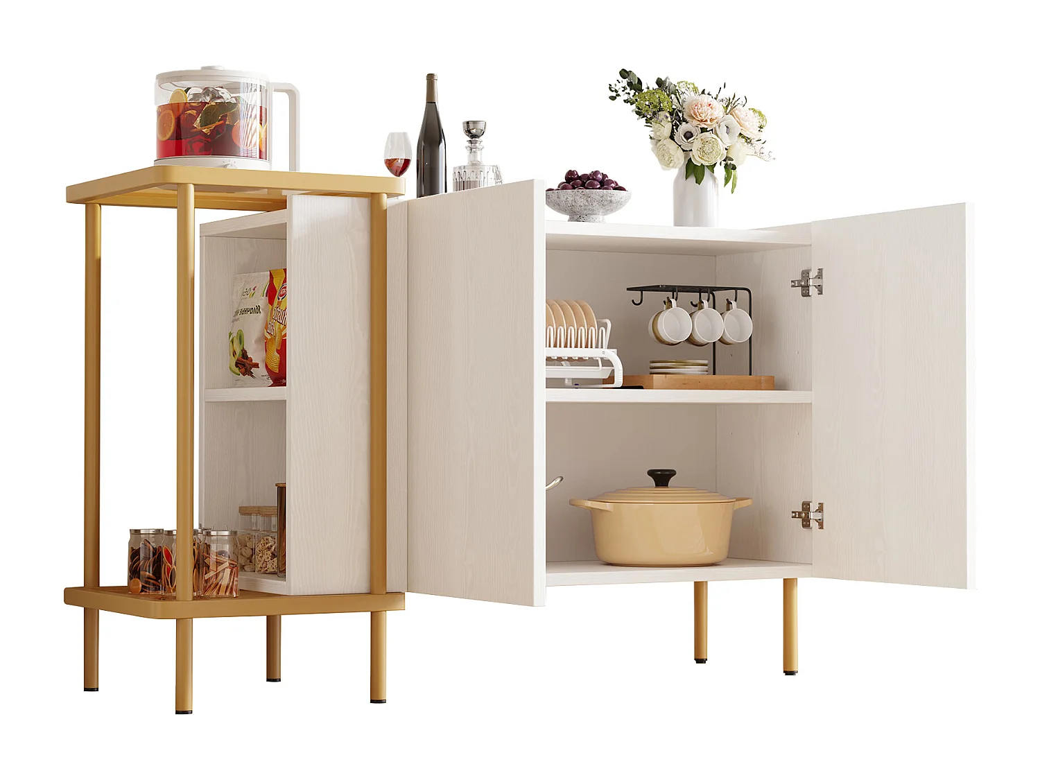 Buffet moderne avec 4 portes, 2 étagères ouvertes et poignées dorées, noir (160x40x82 cm)