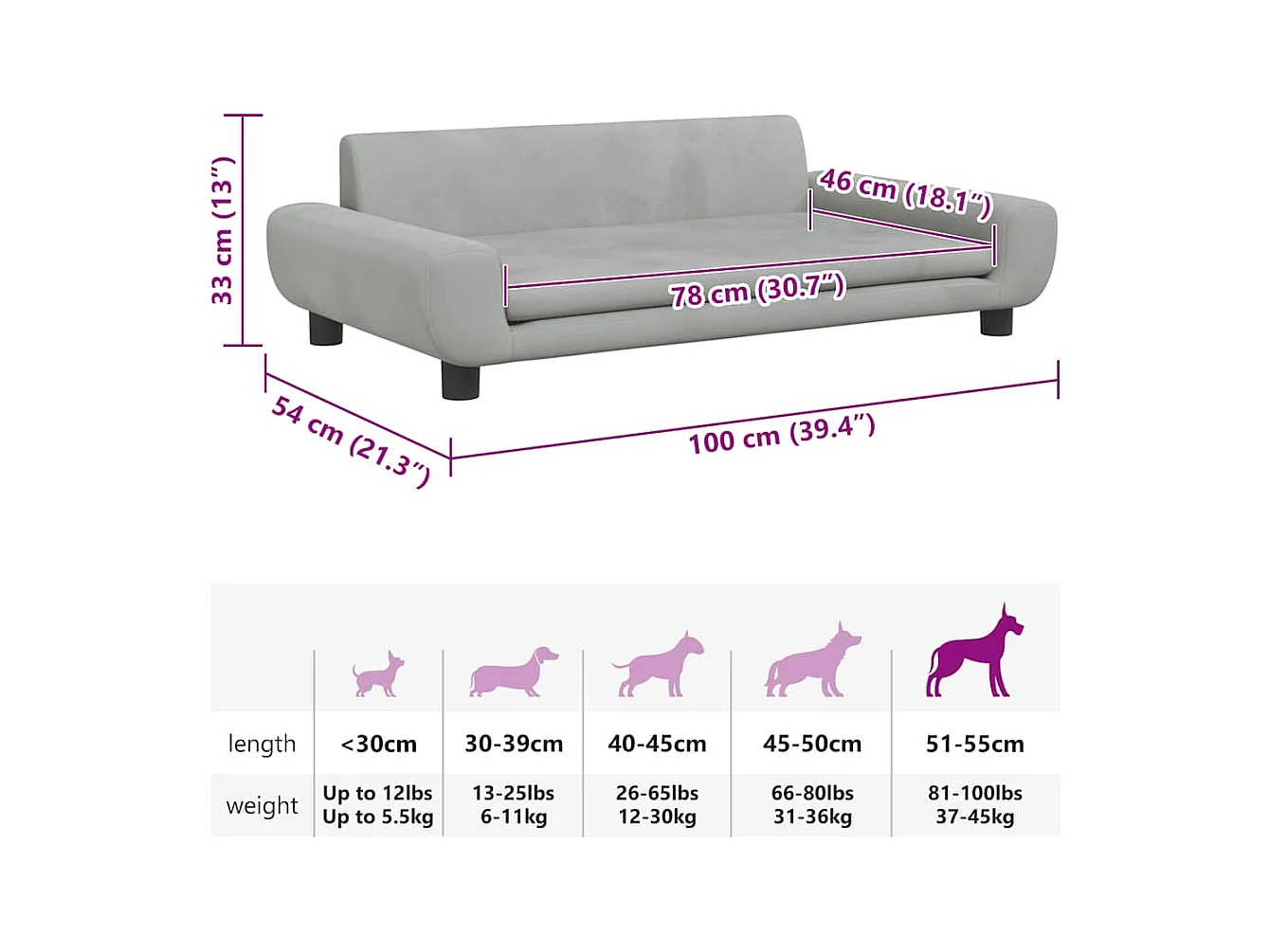 Lit pour chien gris clair 100x54x33 cm velours