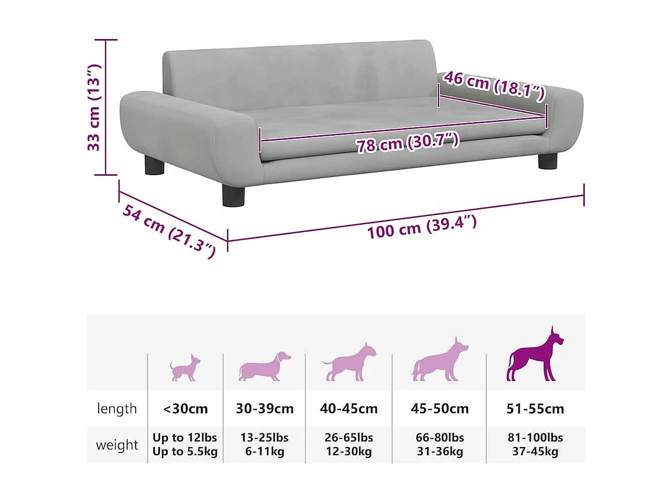 Lit pour chien gris clair 100x54x33 cm velours