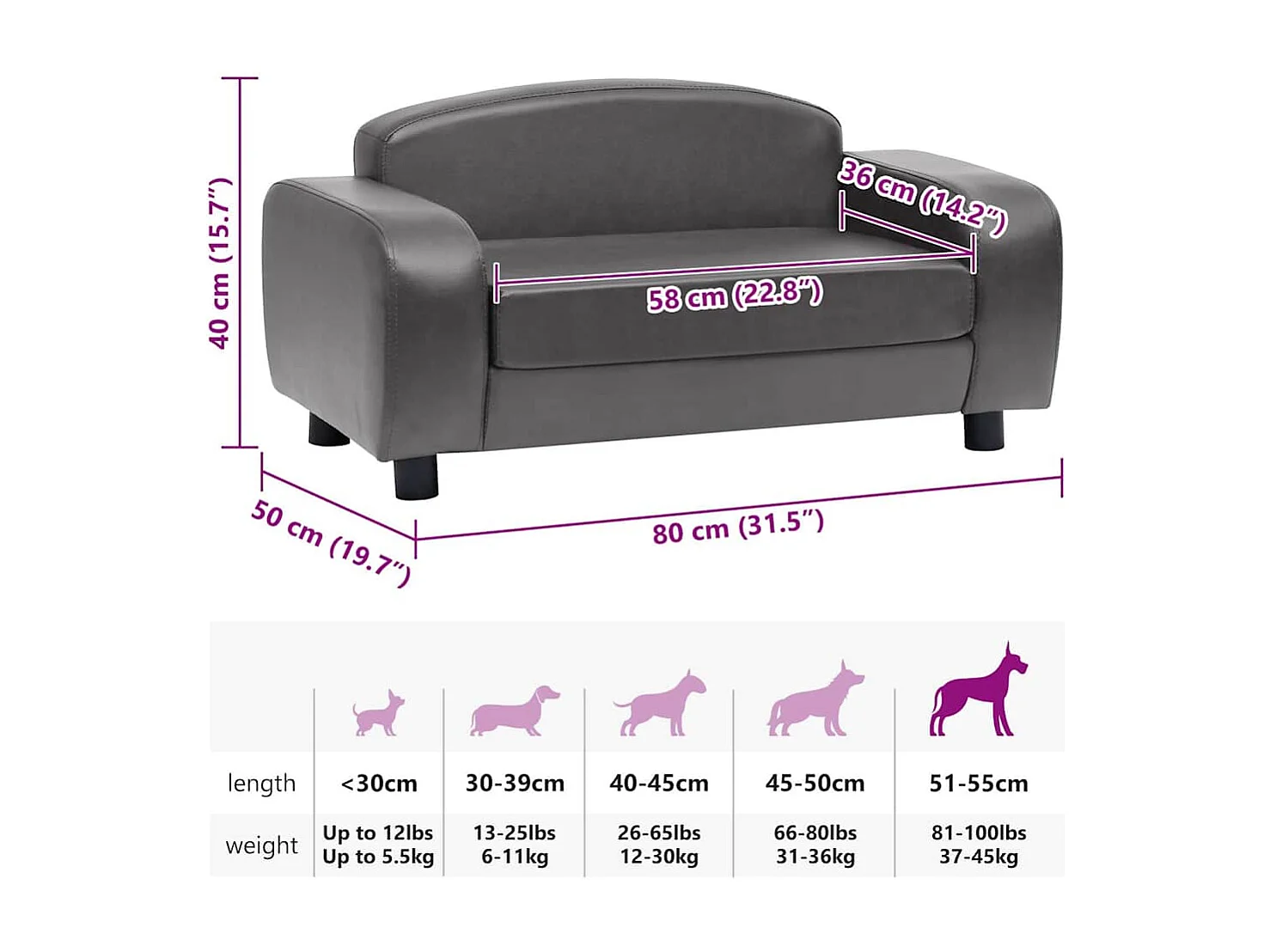 Divano per cani grigio 80x50x40 cm in similpelle