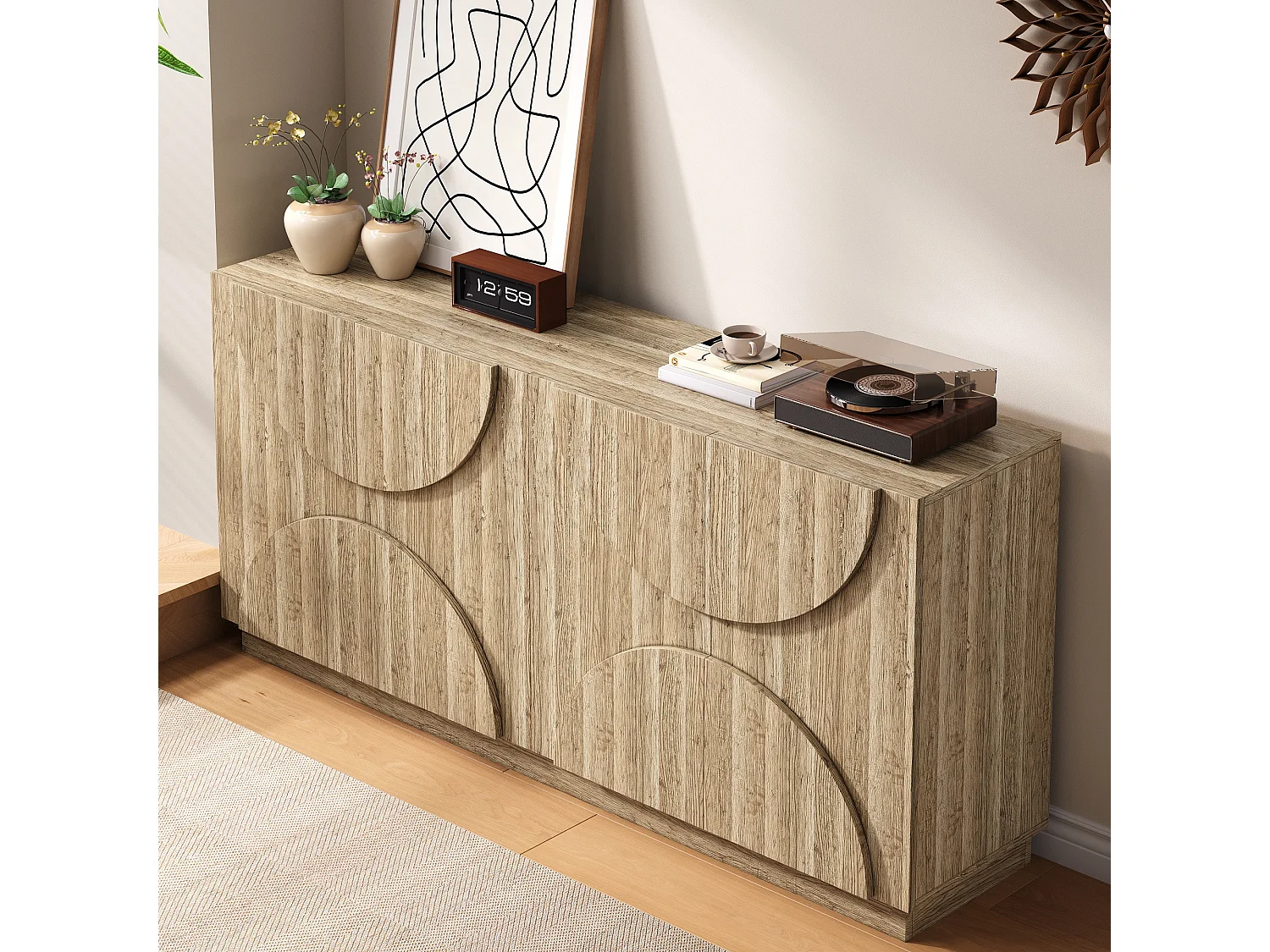 Buffet avec rebondisseur - 160 x 40 x 80 cm - avec 4 portes - naturel clair