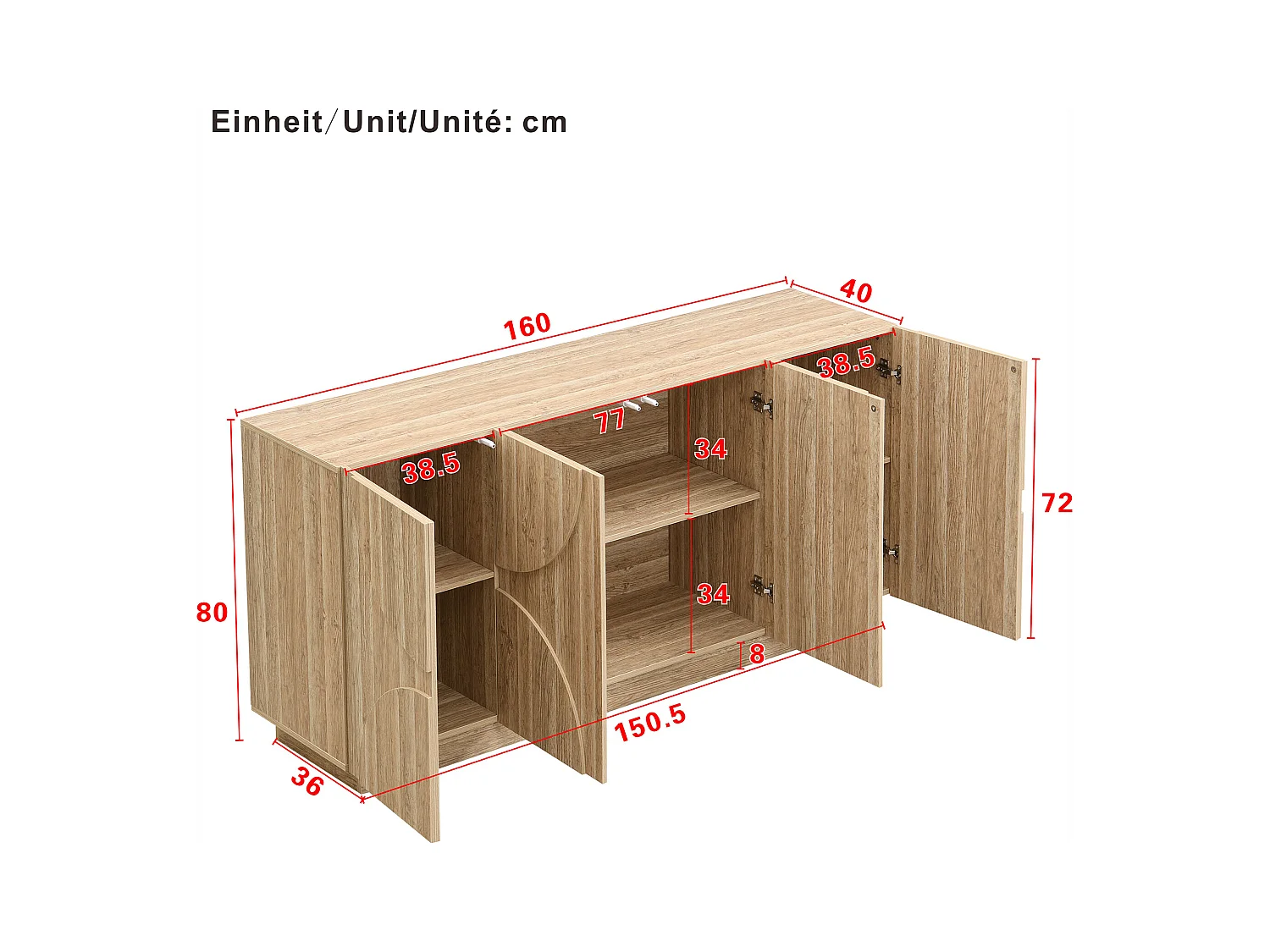 Buffet avec rebondisseur - 160 x 40 x 80 cm - avec 4 portes - naturel clair
