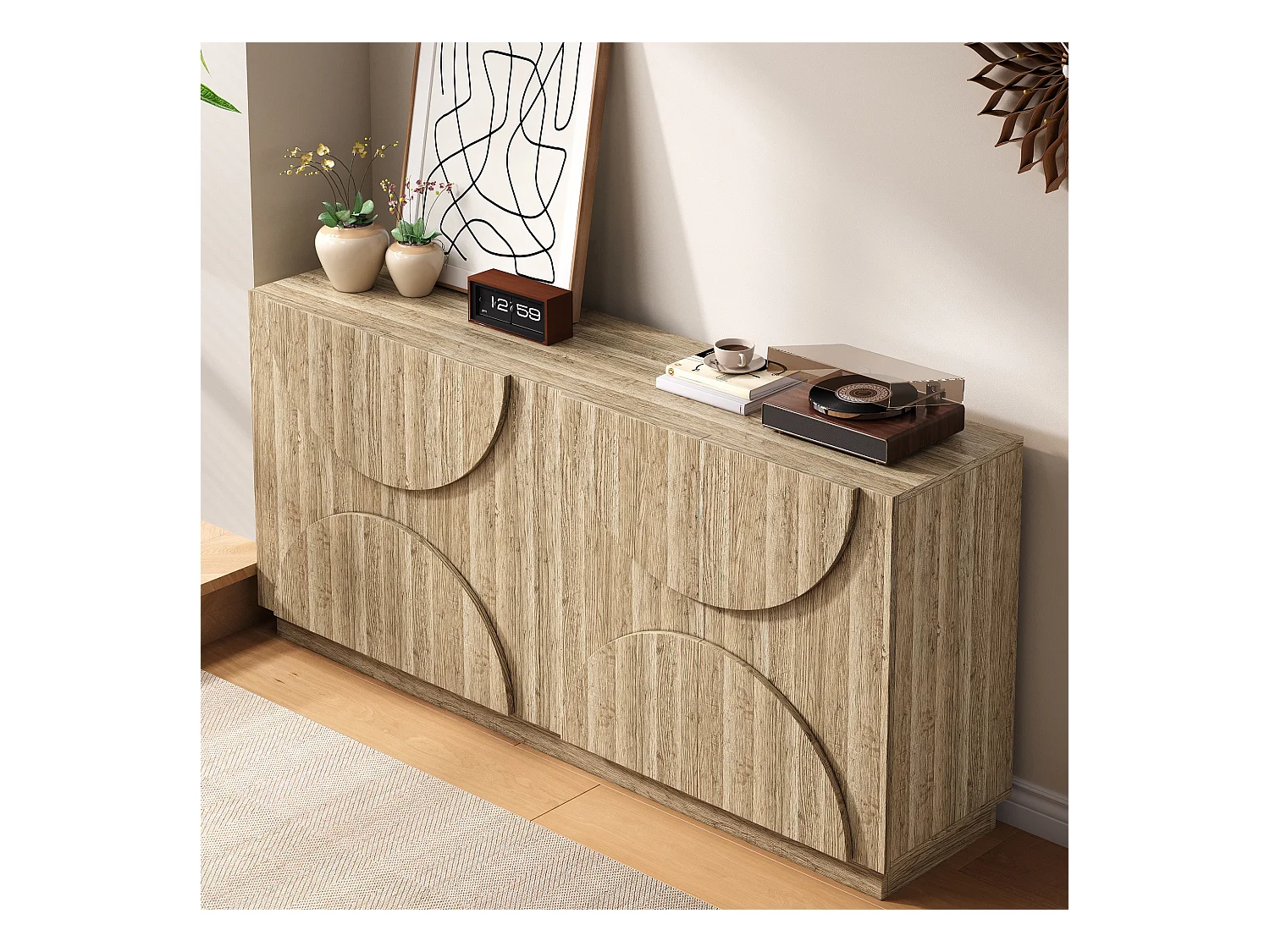 Buffet avec rebondisseur - 160 x 40 x 80 cm - avec 4 portes - naturel clair