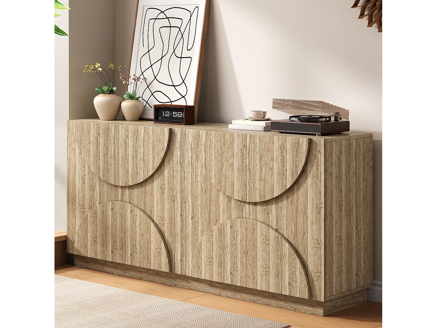 Buffet avec rebondisseur - 160 x 40 x 80 cm - avec 4 portes - naturel clair