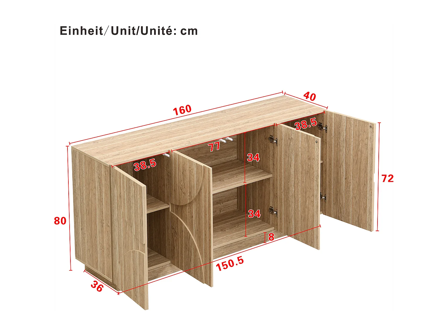 Buffet avec rebondisseur - 160 x 40 x 80 cm - avec 4 portes - naturel clair