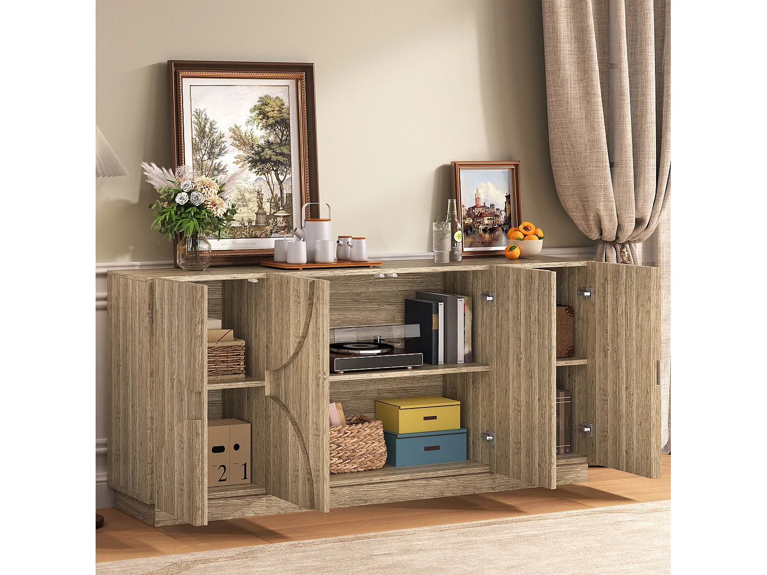 Buffet avec rebondisseur - 160 x 40 x 80 cm - avec 4 portes - naturel clair