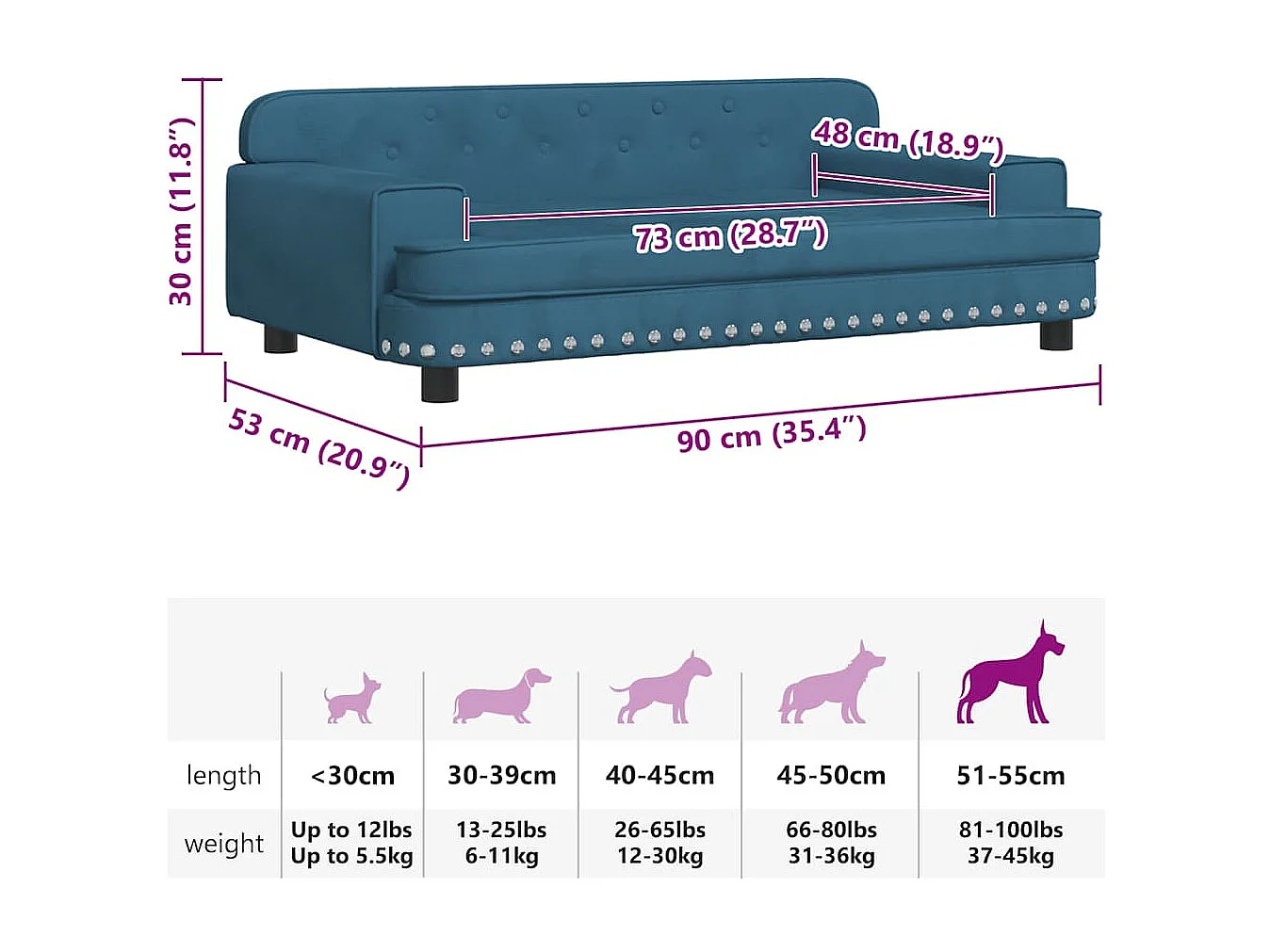 Cama para perro azul 90x53x30 cm terciopelo