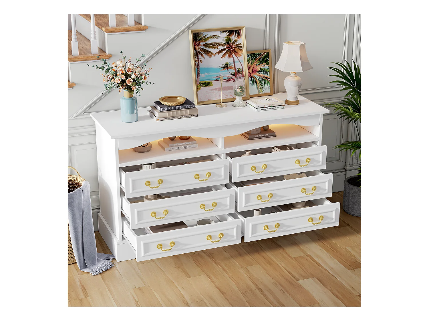 Aparador de salón - 120 x 40 x 70 cm - con 6 cajones + LED + almacenaje semiabierto - aglomerado - blanco