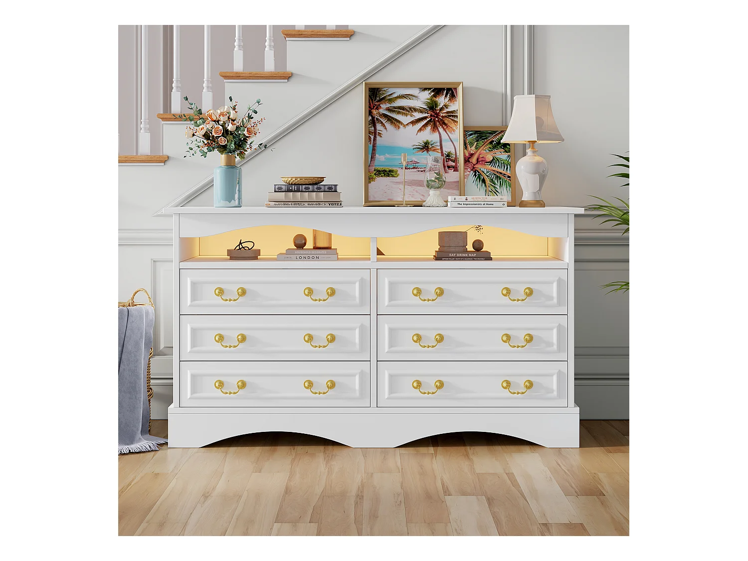 Buffet de salon - 120 x 40 x 70 cm - avec 6 tiroirs + Leds + rangement semi-ouvert - aggloméré - blanc