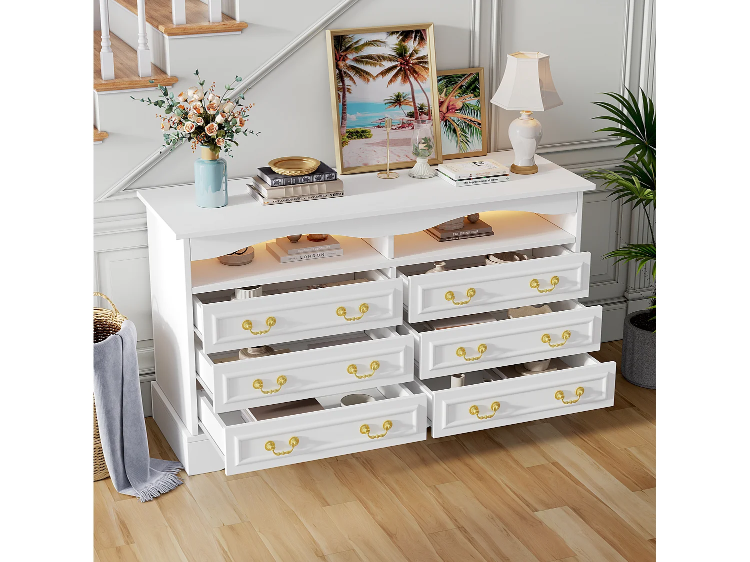 Buffet de salon - 120 x 40 x 70 cm - avec 6 tiroirs + Leds + rangement semi-ouvert - aggloméré - blanc