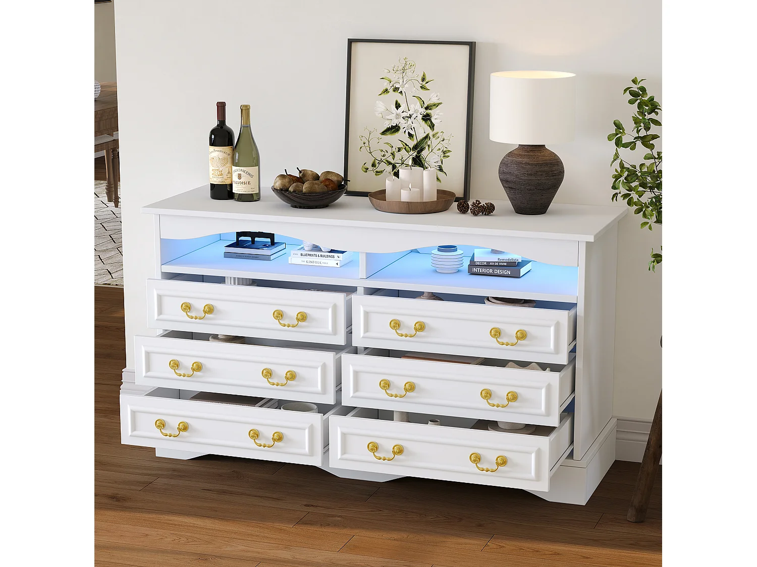 Buffet de salon - 120 x 40 x 70 cm - avec 6 tiroirs + Leds + rangement semi-ouvert - aggloméré - blanc