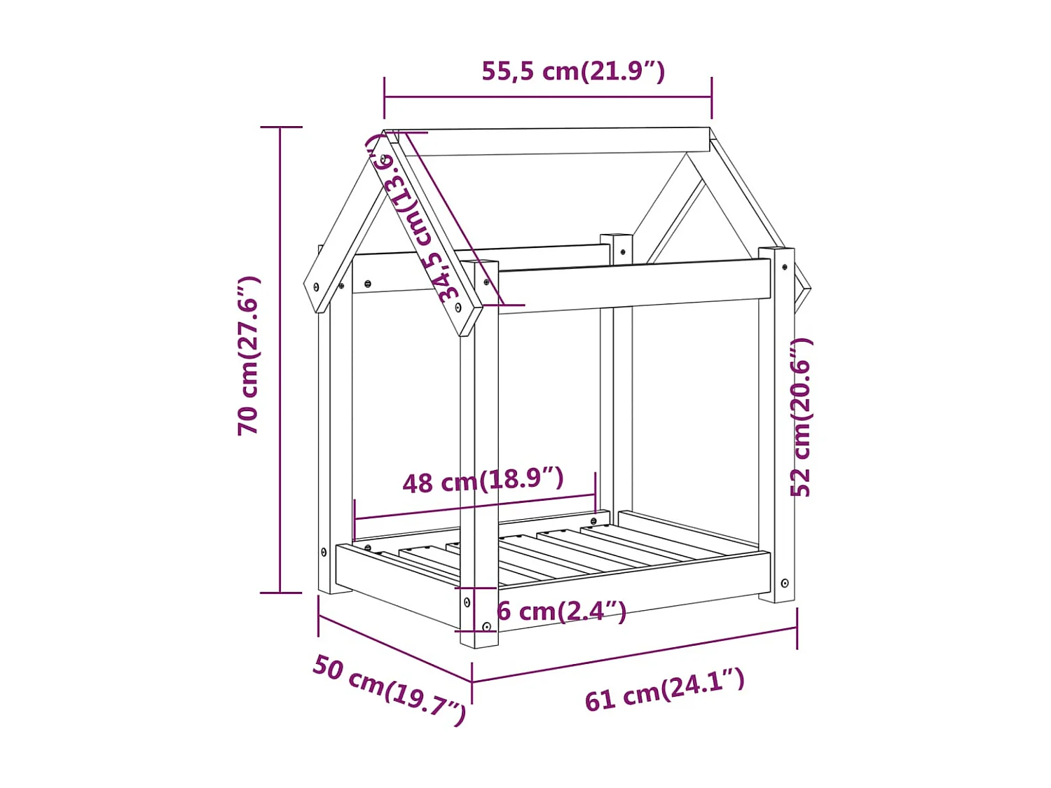 Cama para perro negra 61x50x70 cm madera maciza de pino