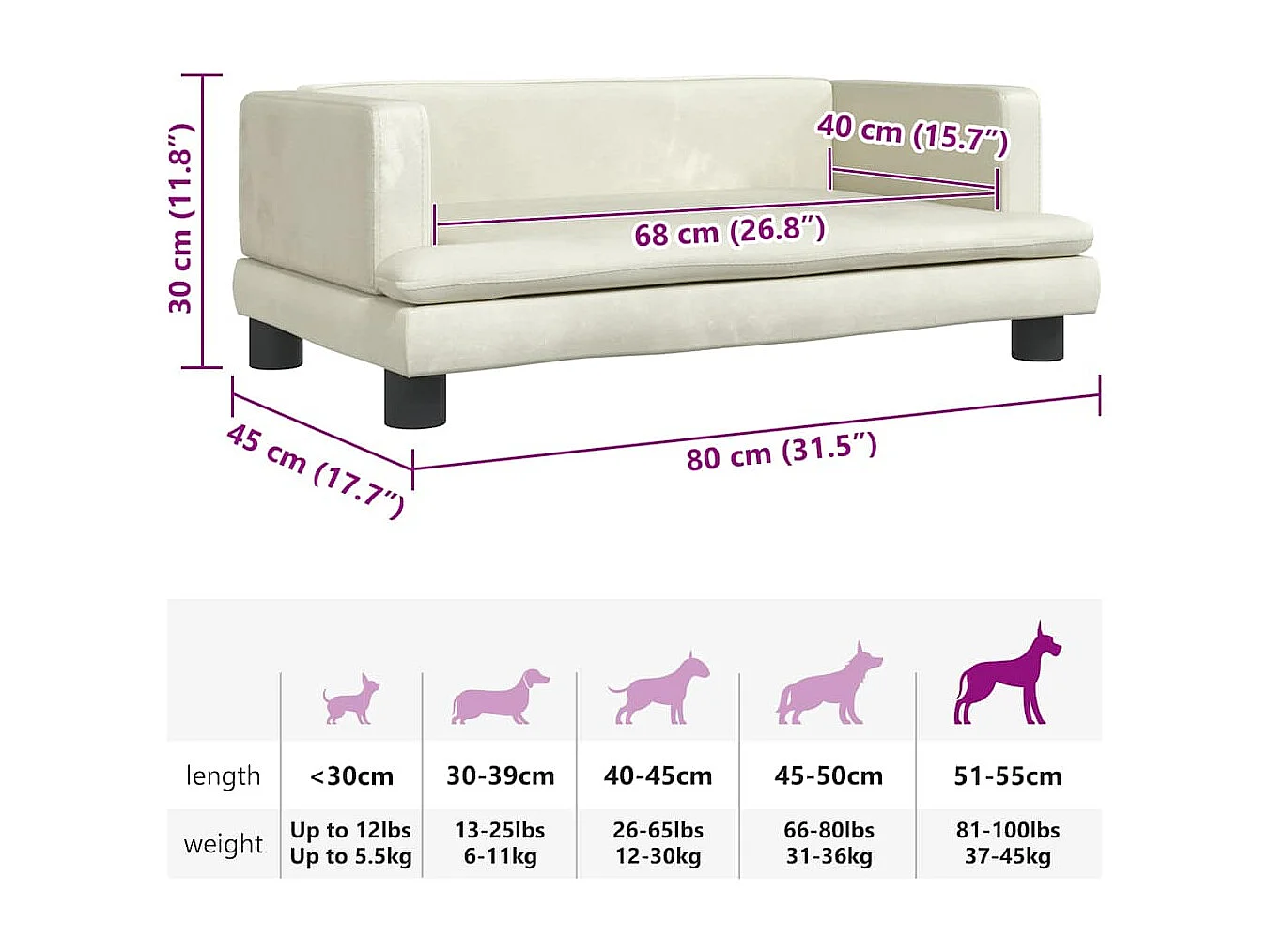 Letto per cani color crema 80x45x30 cm in velluto