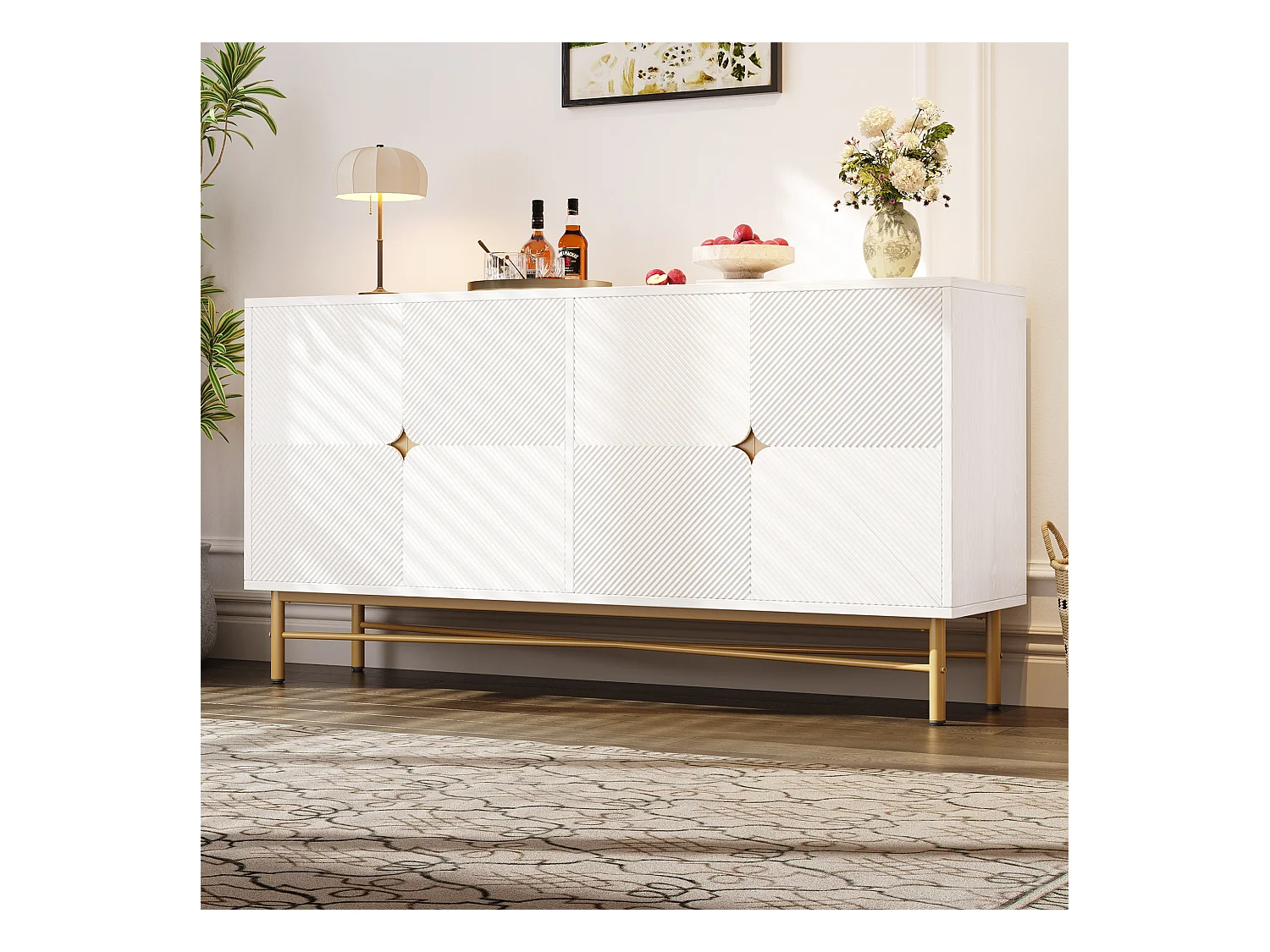 Aparador con textura gofrada, 4 puertas, tiradores dorados y patas lacadas, blanco (160x40x82 cm)