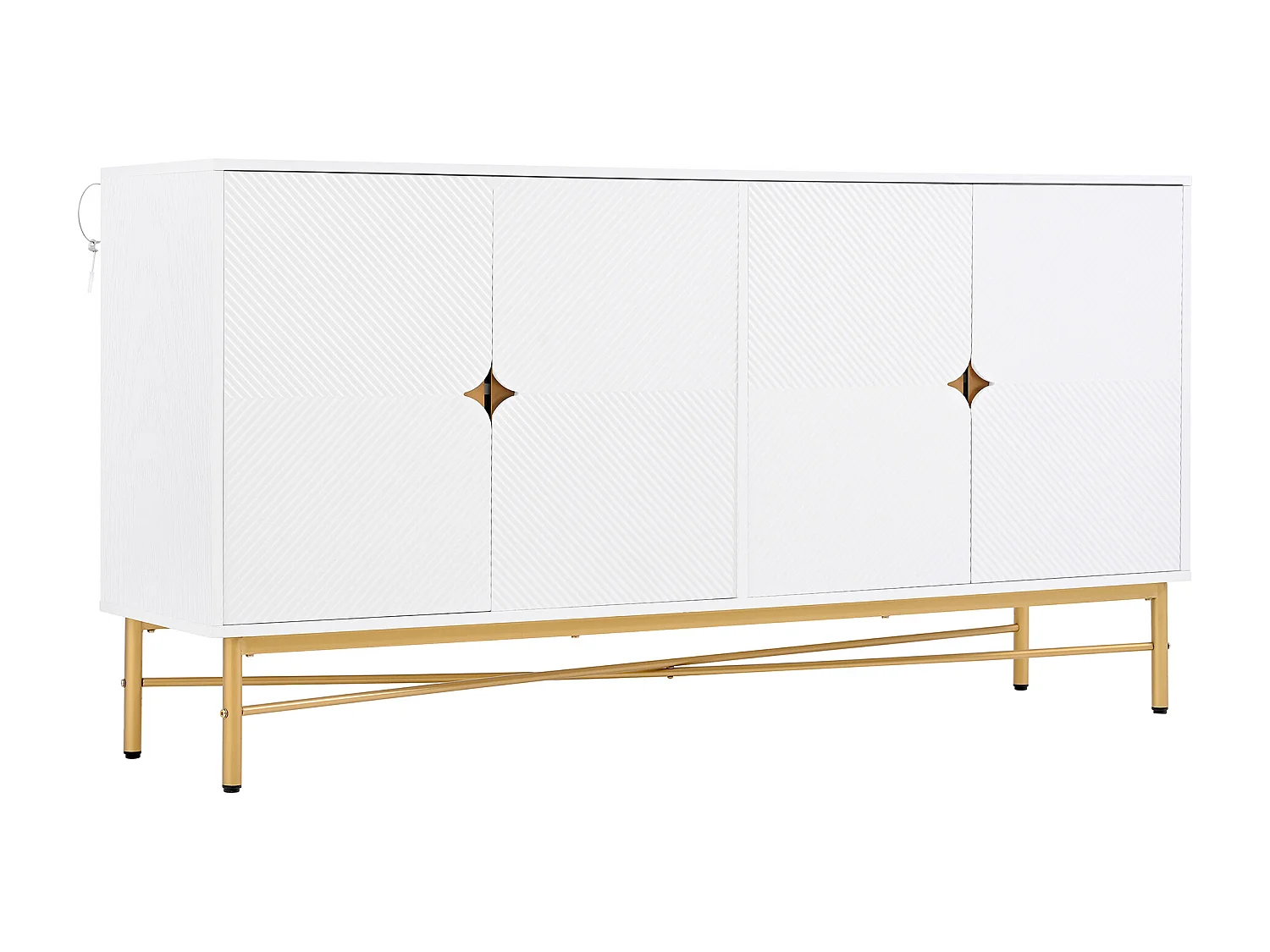 Buffet avec texture en relief, 4 portes, poignées dorées et pieds laqués, blanc (160x40x82 cm)