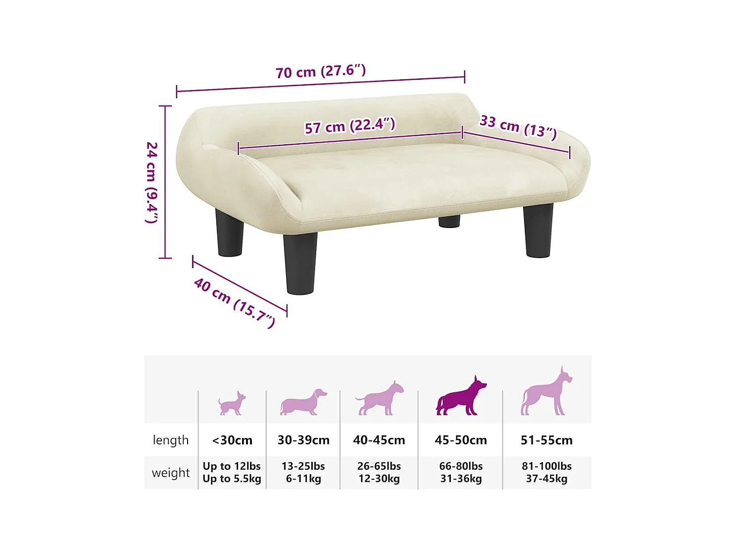 Lit pour chien crème 70x40x24 cm velours