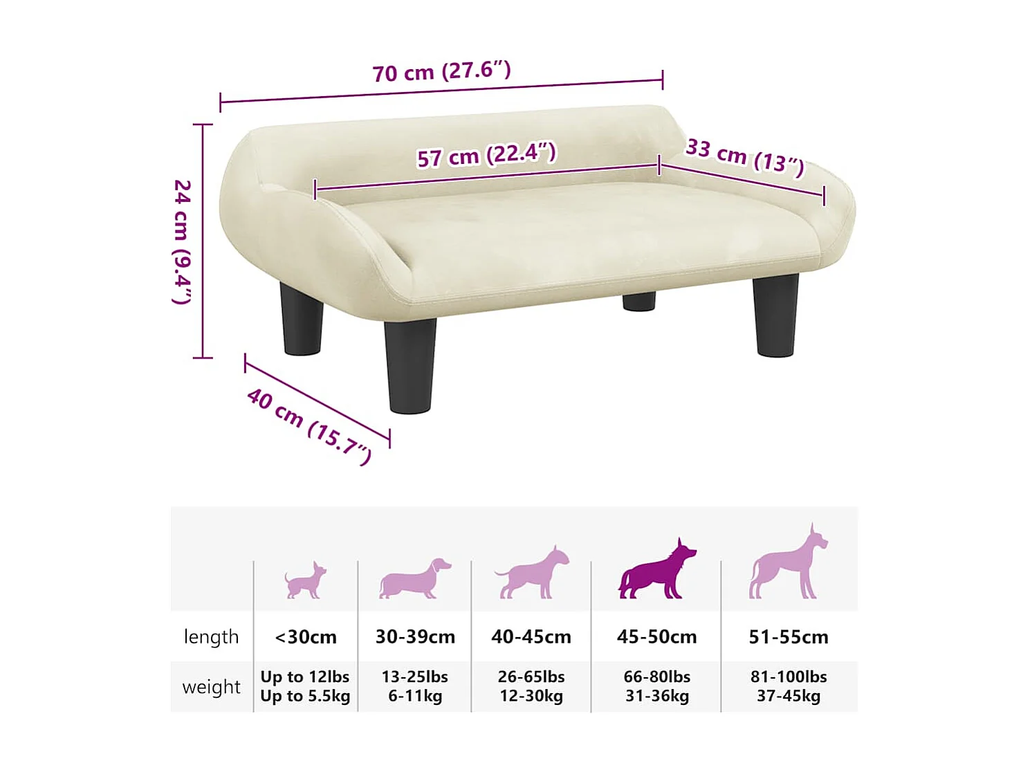 Lit pour chien crème 70x40x24 cm velours