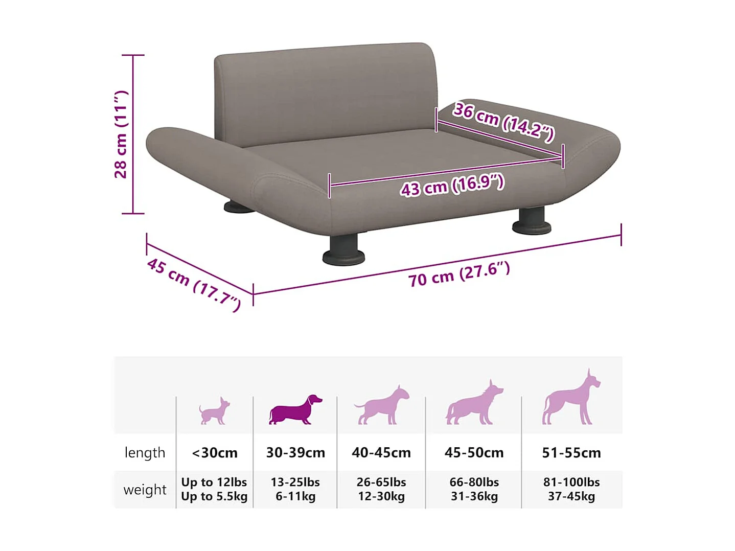 Lit pour chien taupe 70x45x28 cm tissu