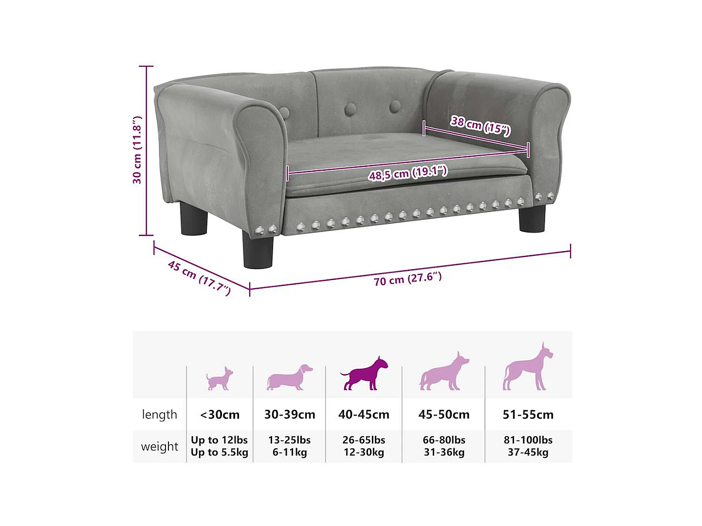 Cama para perros de terciopelo gris claro 70x45x30 cm