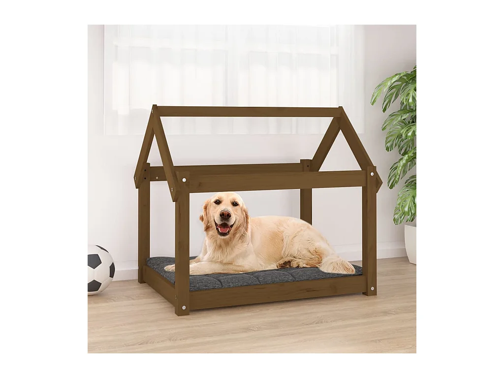 Cama para perro color marrón miel 81x60x70 cm madera maciza de pino