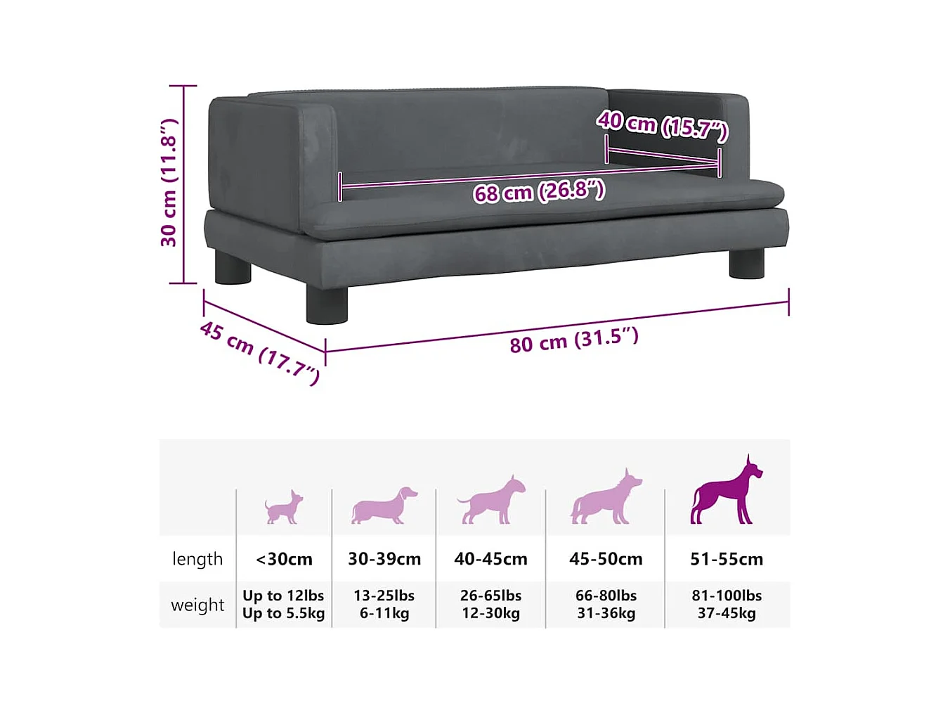 Lit pour chien gris foncé 80x45x30 cm velours