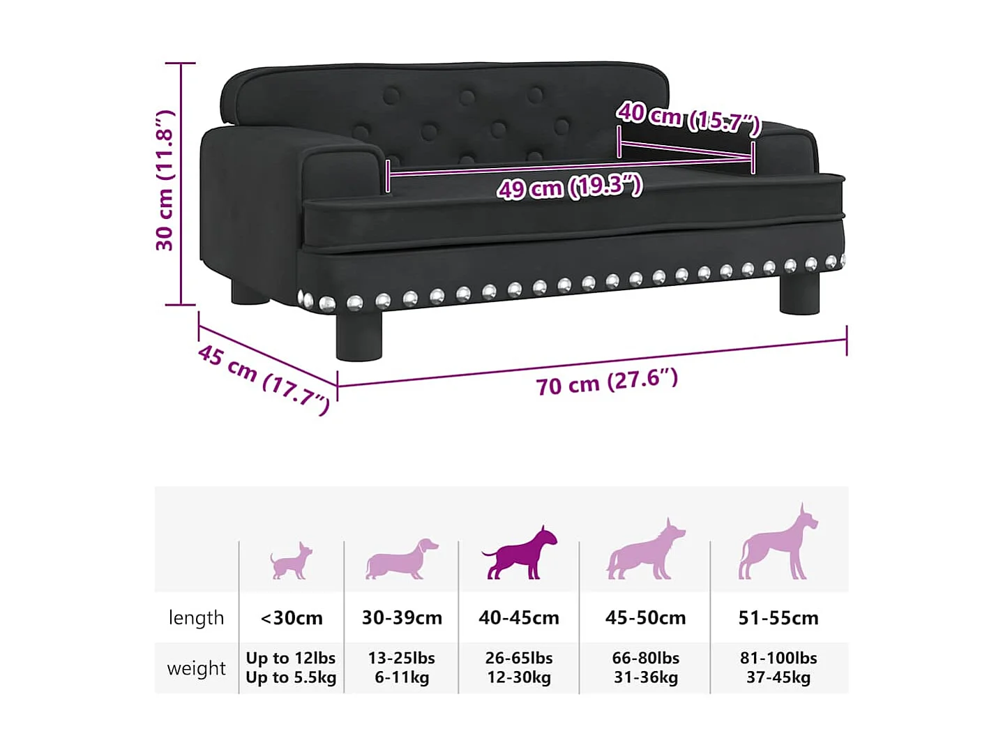 Lit pour chien noir 70x45x30 cm velours