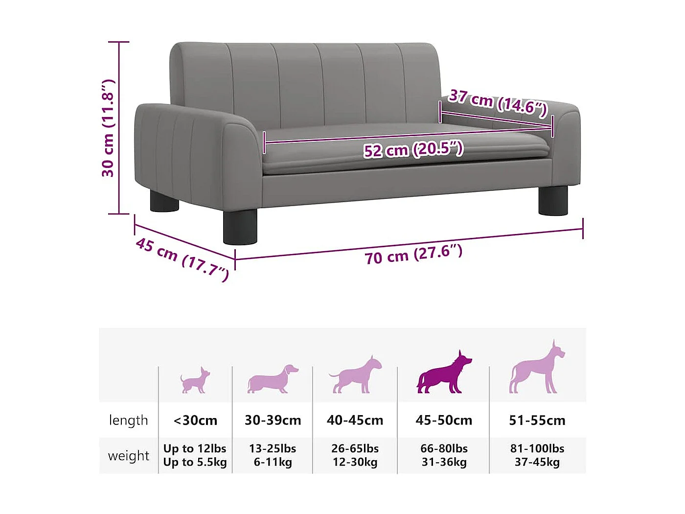 Graues Hundebett 70x45x30 cm Kunstleder