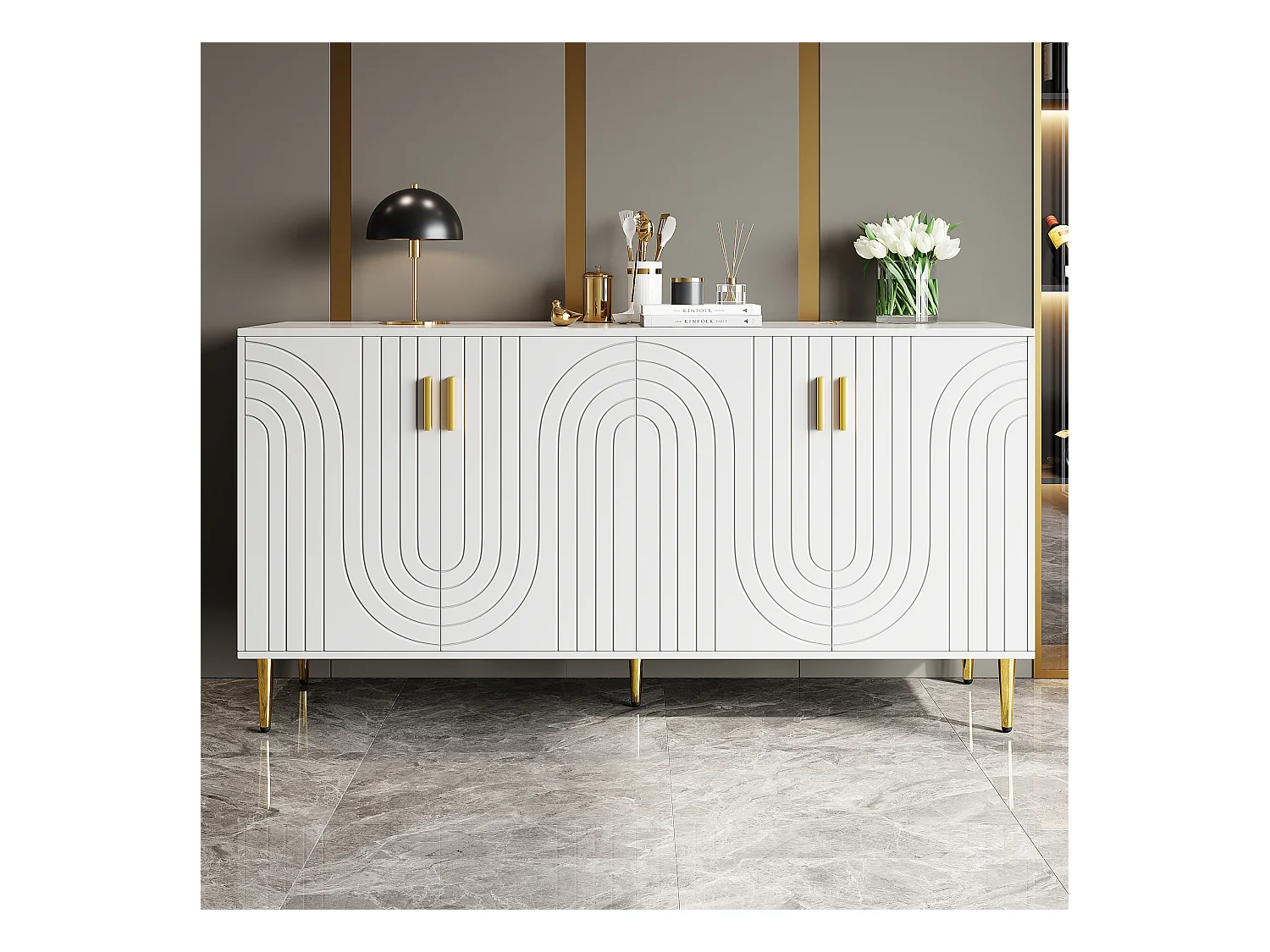 Buffet au design ondulé - 152 x 40 x 75 cm - poignées et pieds dorés - avec 4 portes - MDF - blanc
