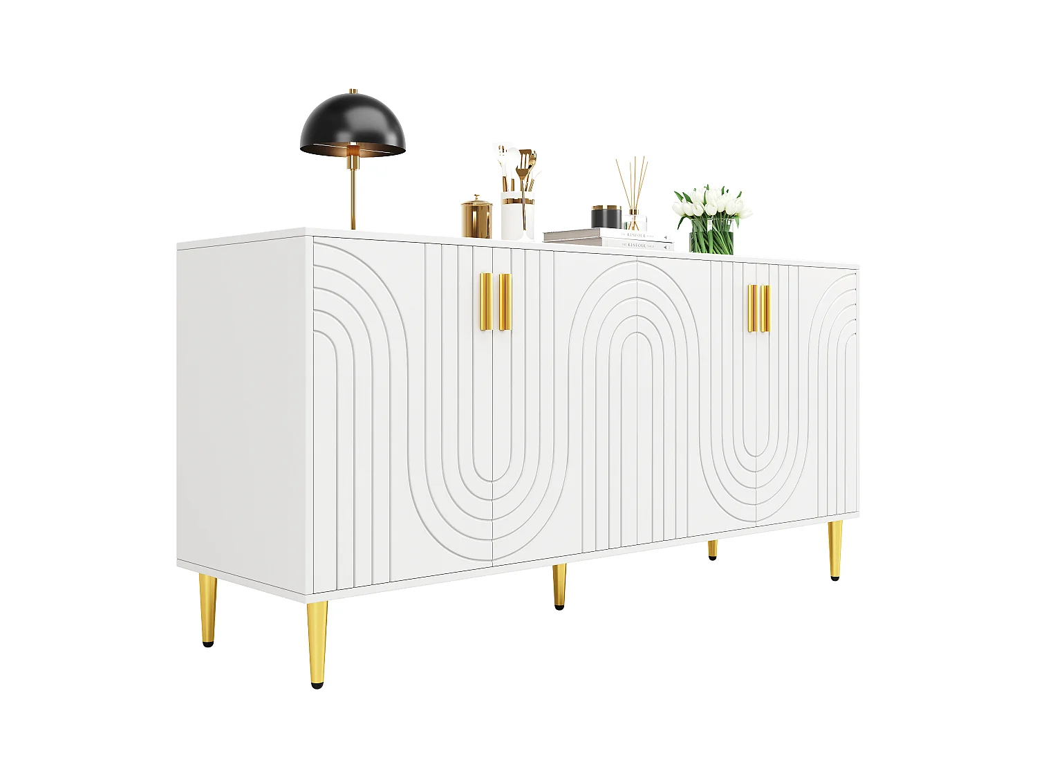 Buffet au design ondulé - 152 x 40 x 75 cm - poignées et pieds dorés - avec 4 portes - MDF - blanc
