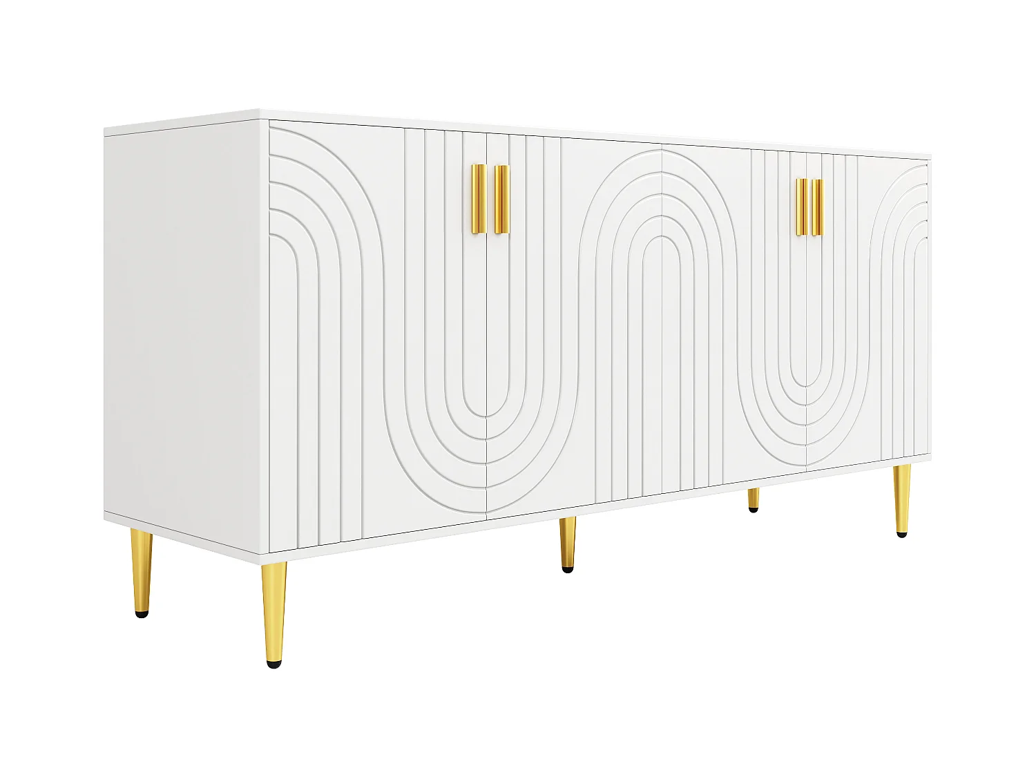 Buffet au design ondulé - 152 x 40 x 75 cm - poignées et pieds dorés - avec 4 portes - MDF - blanc