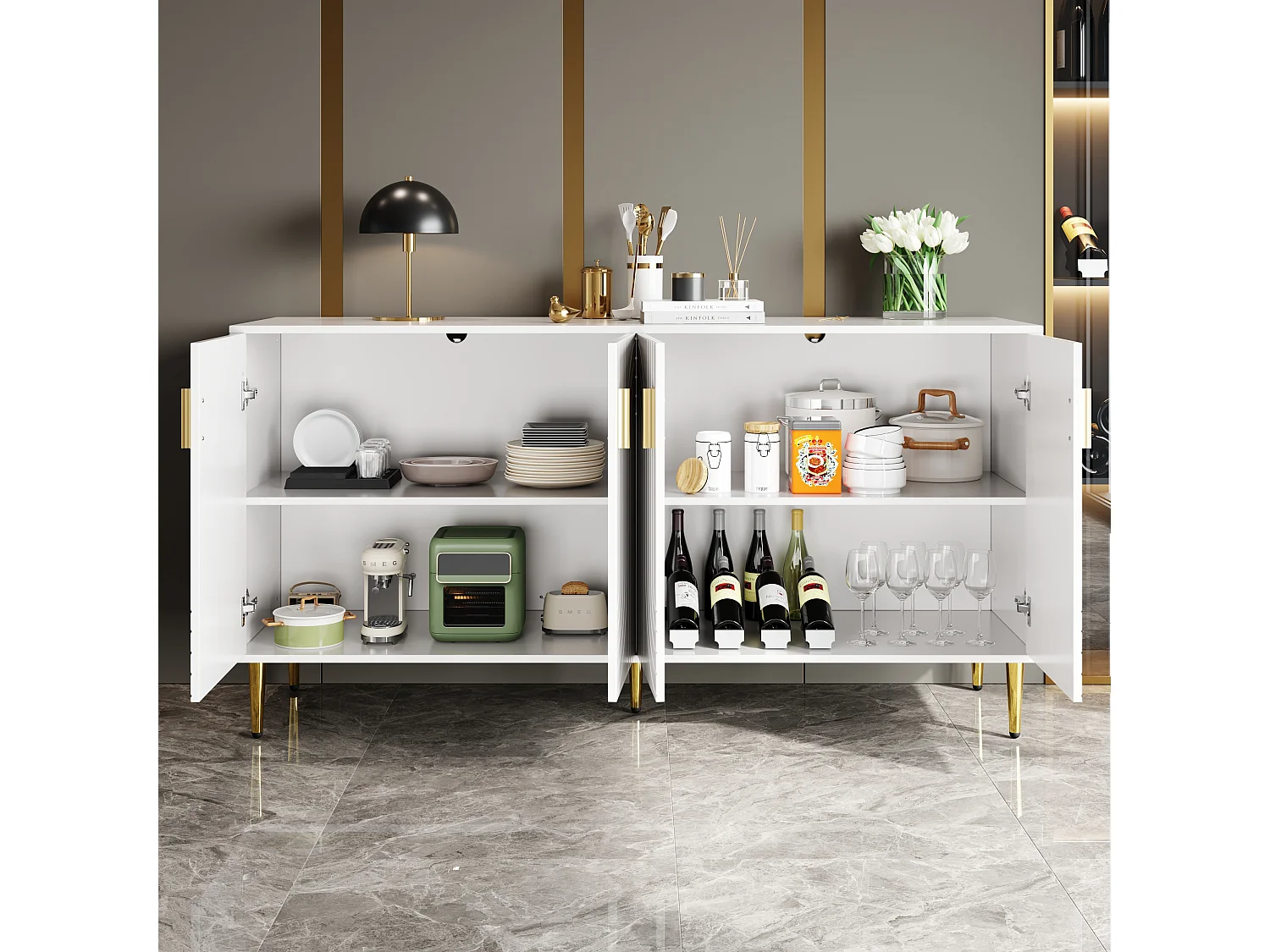 Buffet au design ondulé - 152 x 40 x 75 cm - poignées et pieds dorés - avec 4 portes - MDF - blanc