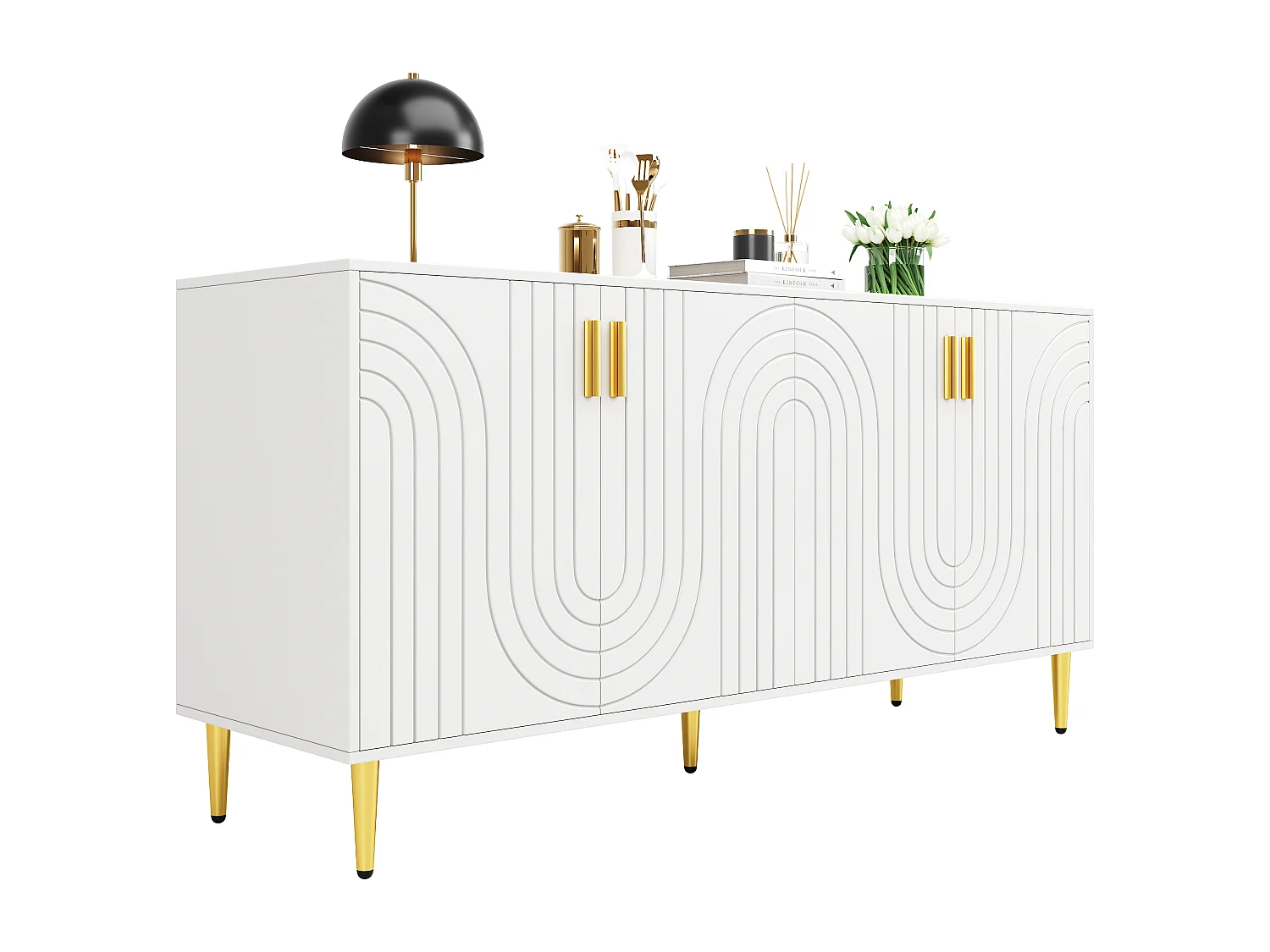 Buffet au design ondulé - 152 x 40 x 75 cm - poignées et pieds dorés - avec 4 portes - MDF - blanc