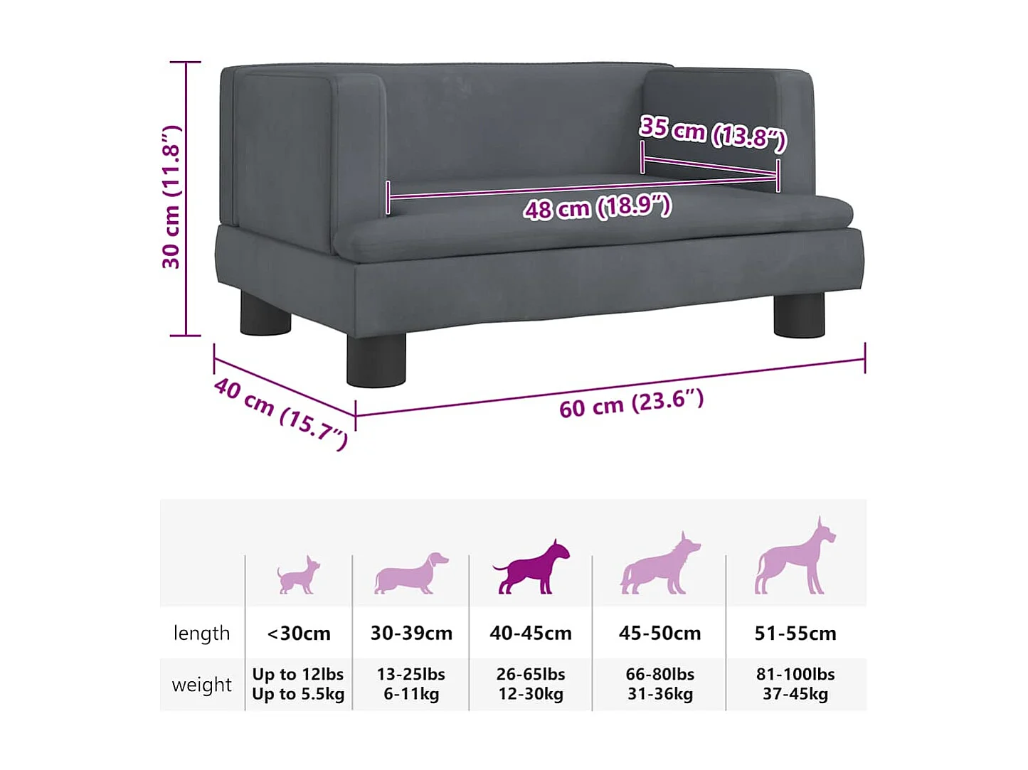 Lit pour chien gris foncé 60x40x30 cm velours