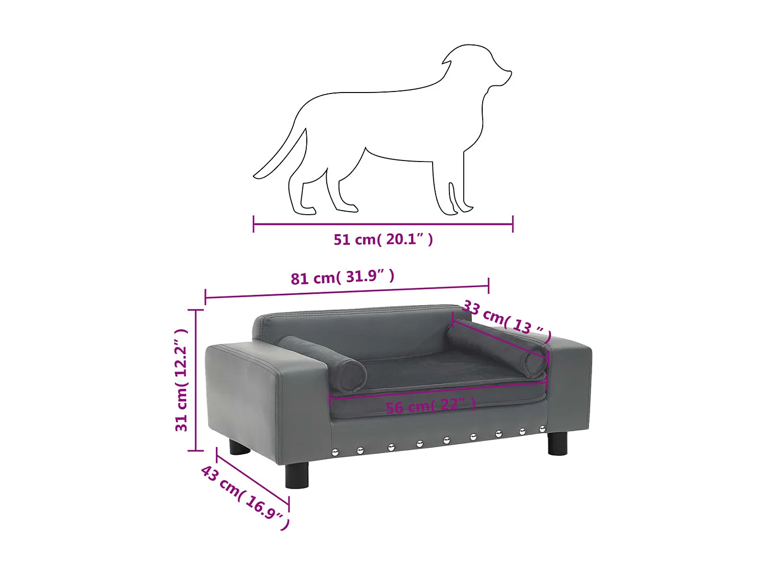 Sofá para perro gris 81x43x31 cm de felpa y piel sintética