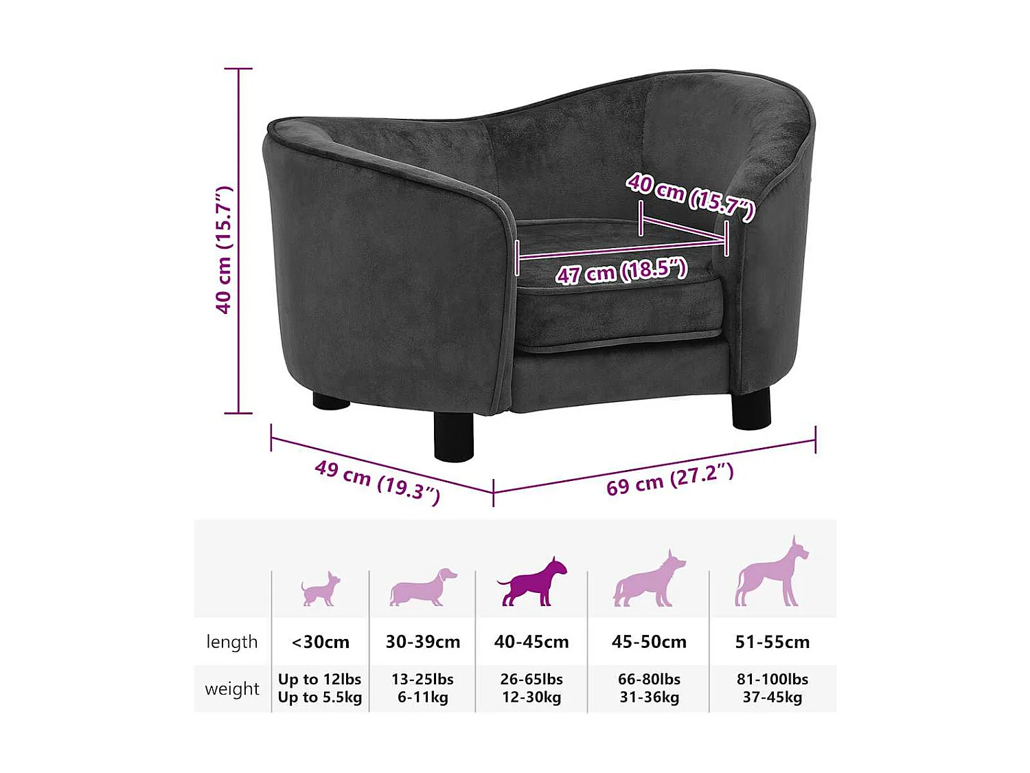 Canapé pour chien Gris foncé 69x49x40 cm Peluche