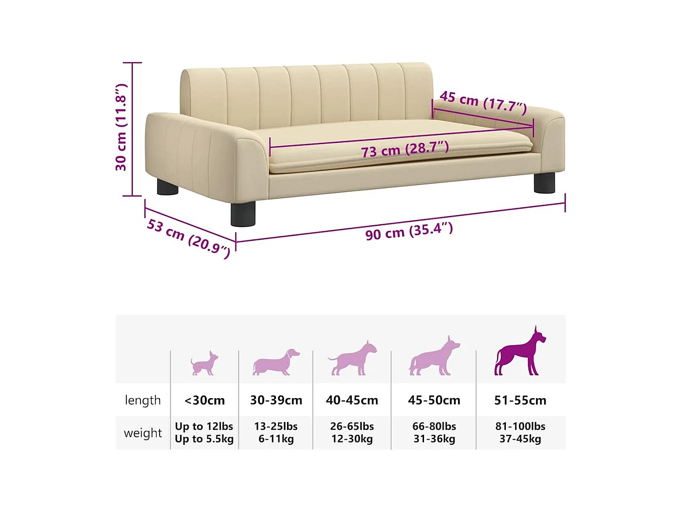 Letto per cani color crema 90x53x30 cm in tessuto
