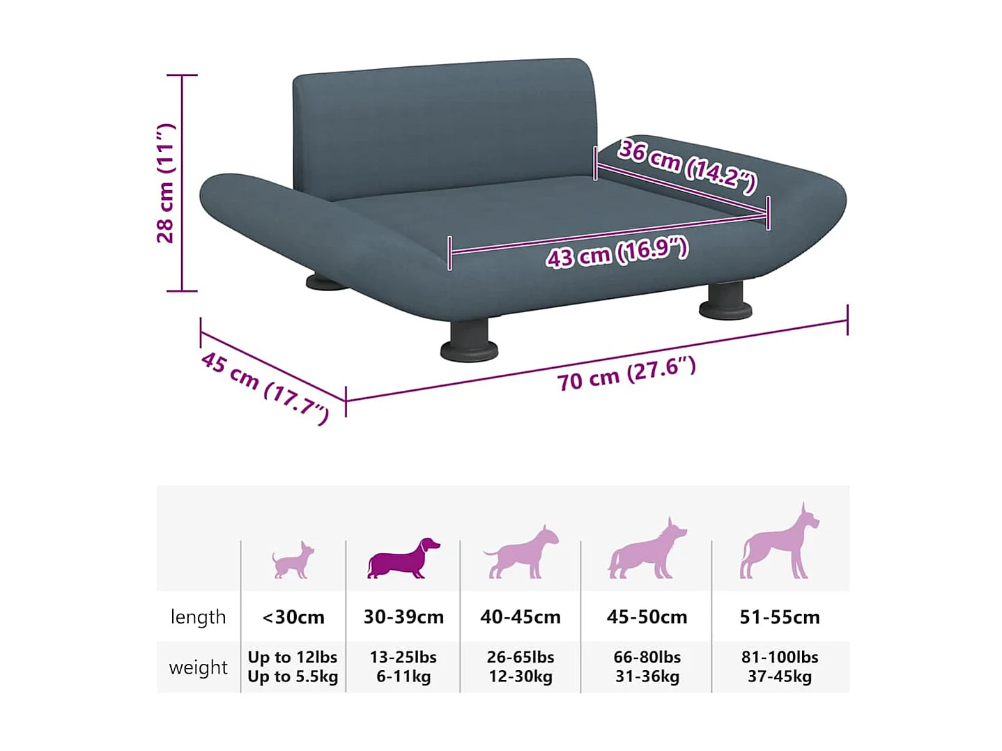 Lit pour chien gris foncé 70x45x28 cm tissu