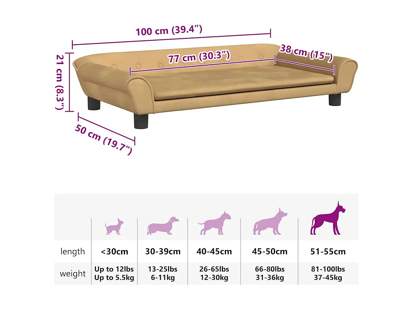 Lit pour chien marron 100x50x21 cm velours