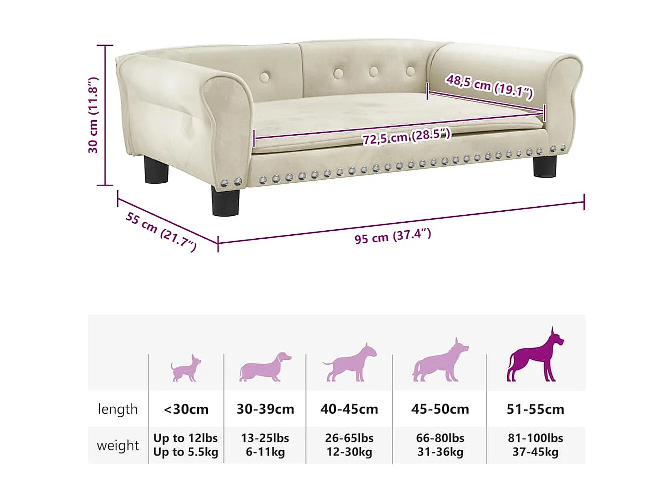 Letto per cani color crema 95x55x30 cm in velluto
