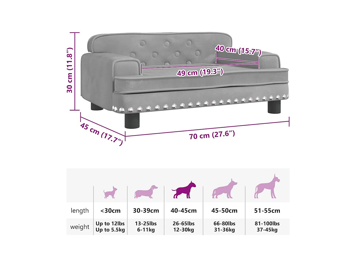 Lit pour chien gris clair 70x45x30 cm velours