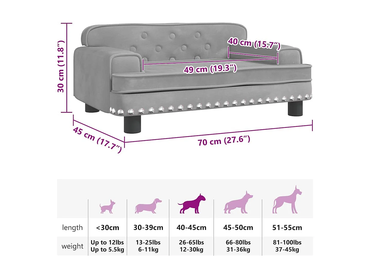 Lit pour chien gris clair 70x45x30 cm velours