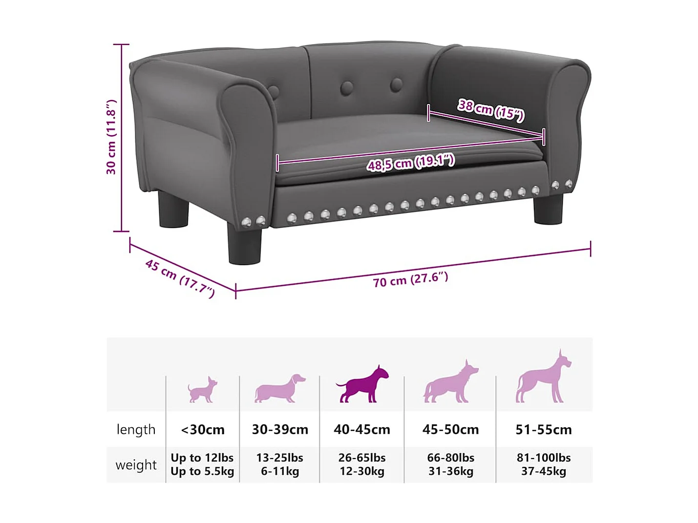 Lit pour chien gris 70x45x30 cm similicuir